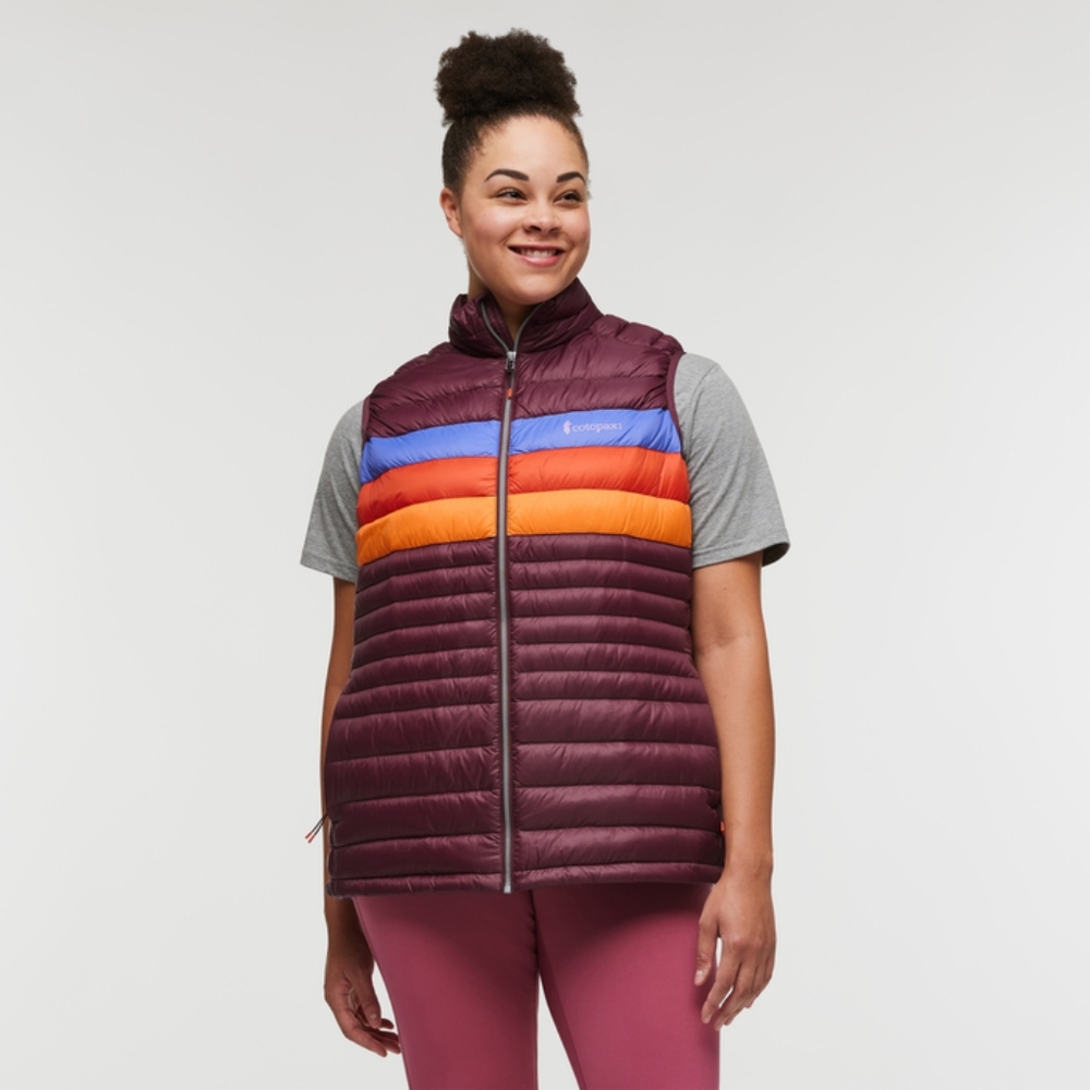 cotopaxi Women's Maroon Puffer Vest with Blue and Orange Stripes